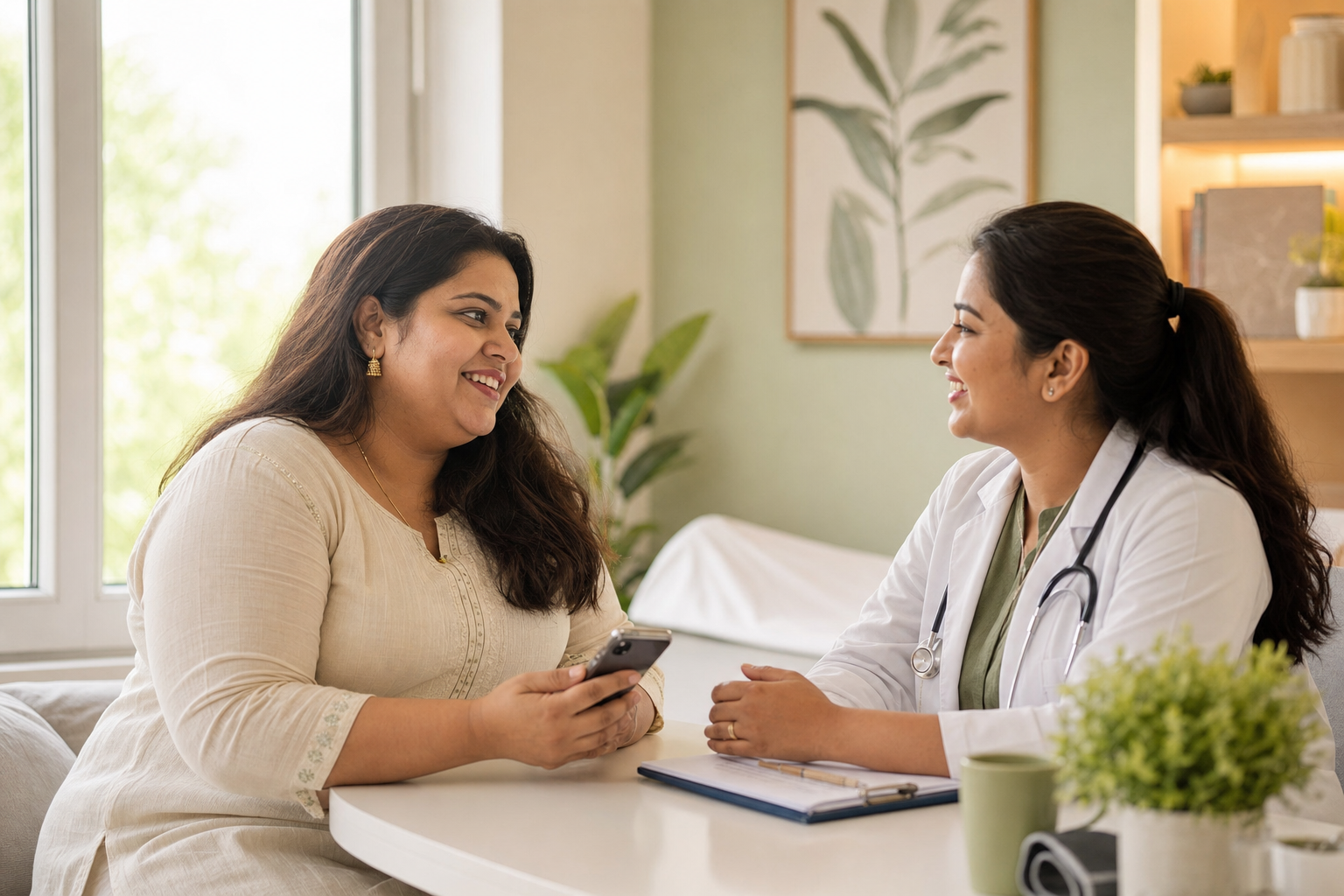 A woman sharing her phone with a doctor during a friendly consultation