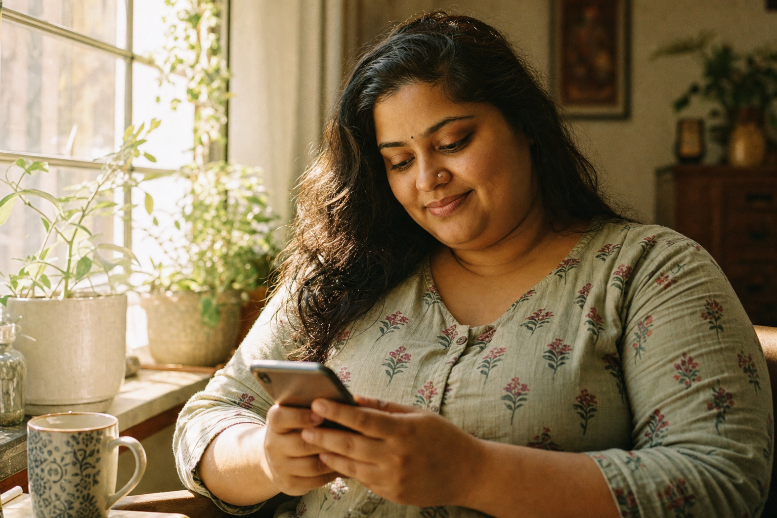 A woman checking her phone at home in the morning