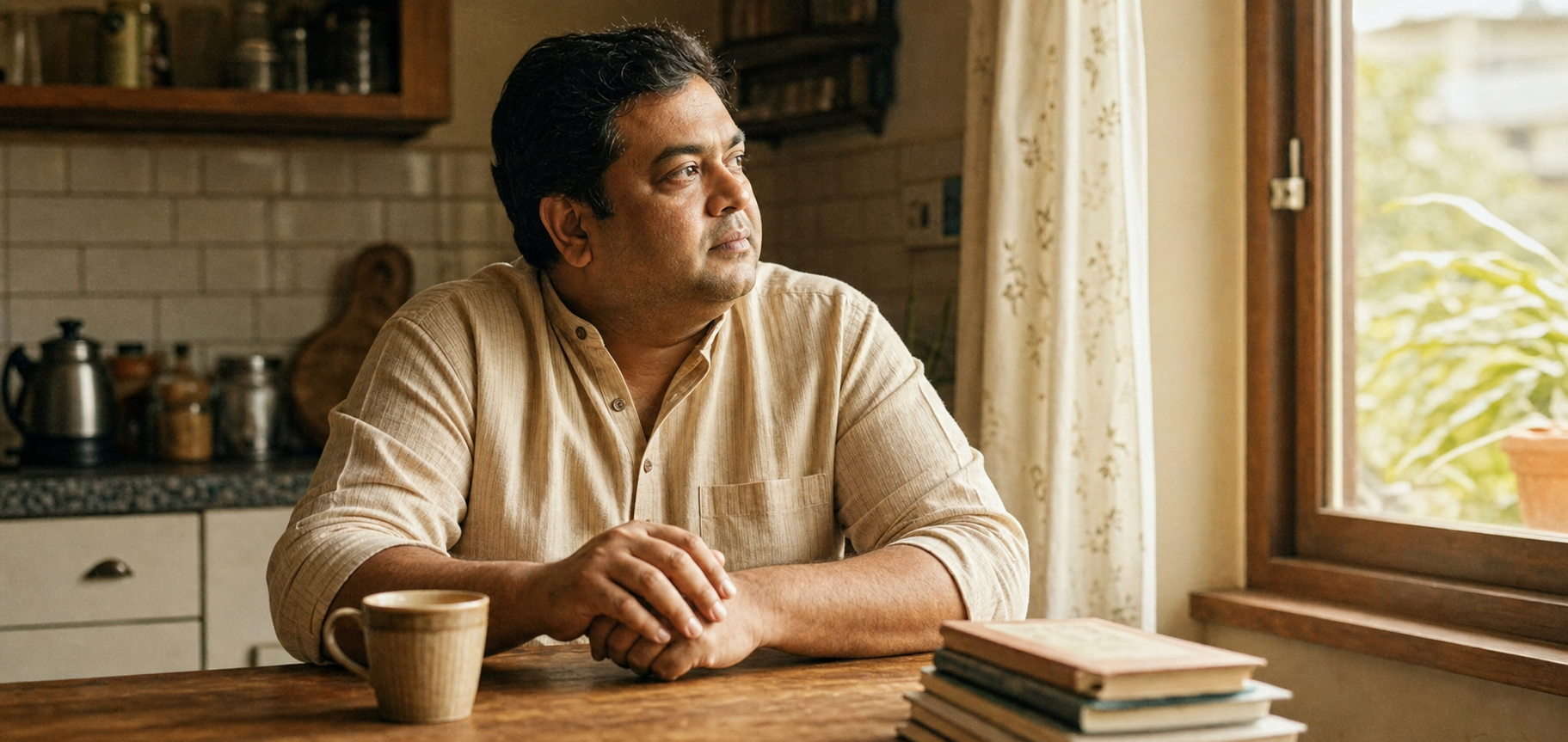 A man sitting at his kitchen table with chai, looking thoughtfully out the window